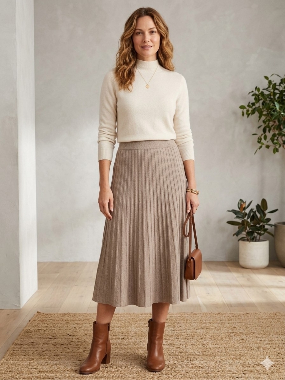 Milano Pull On Pleated Knit Midi Skirt in Taupe Brown Elasticized Waist Large